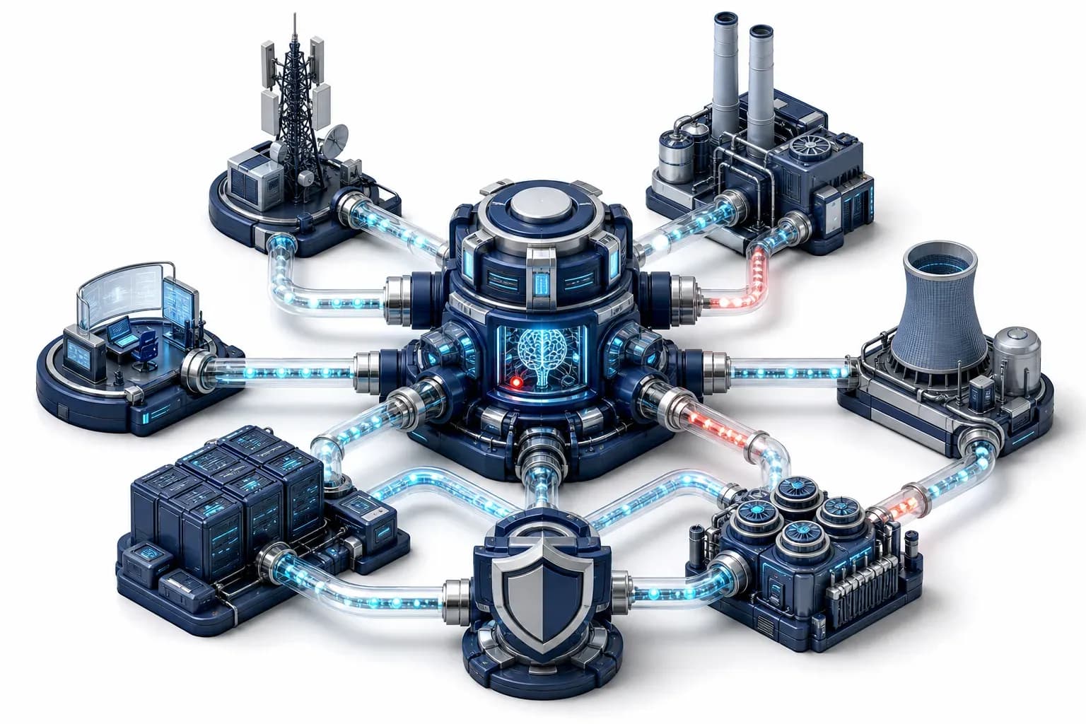 Isometric cyber nodes breached by glowing ransomware pipelines.