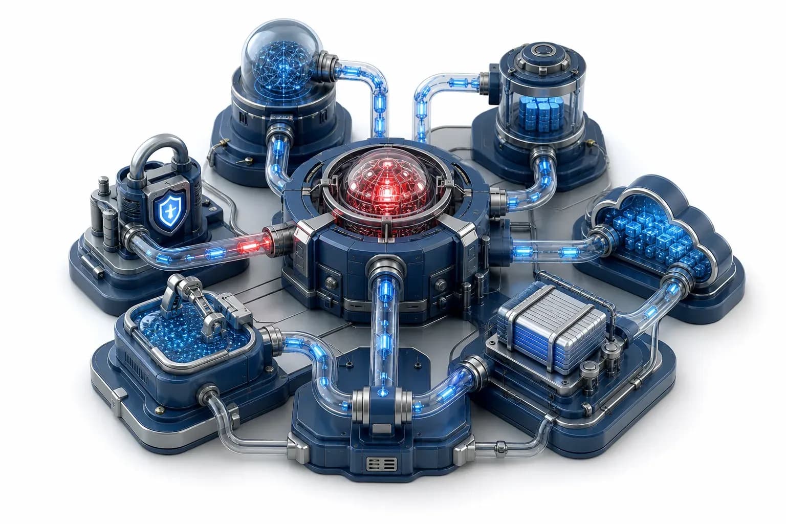 Floating servers and cyan data tubes exposing critical cloud vulnerabilities.
