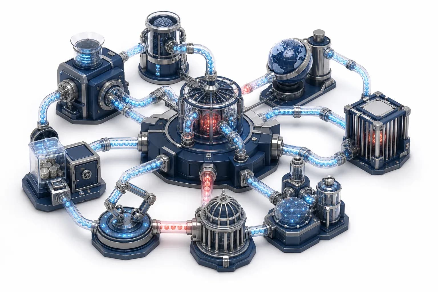 Isometric cyber machinery exposing AI and ransomware vulnerabilities.