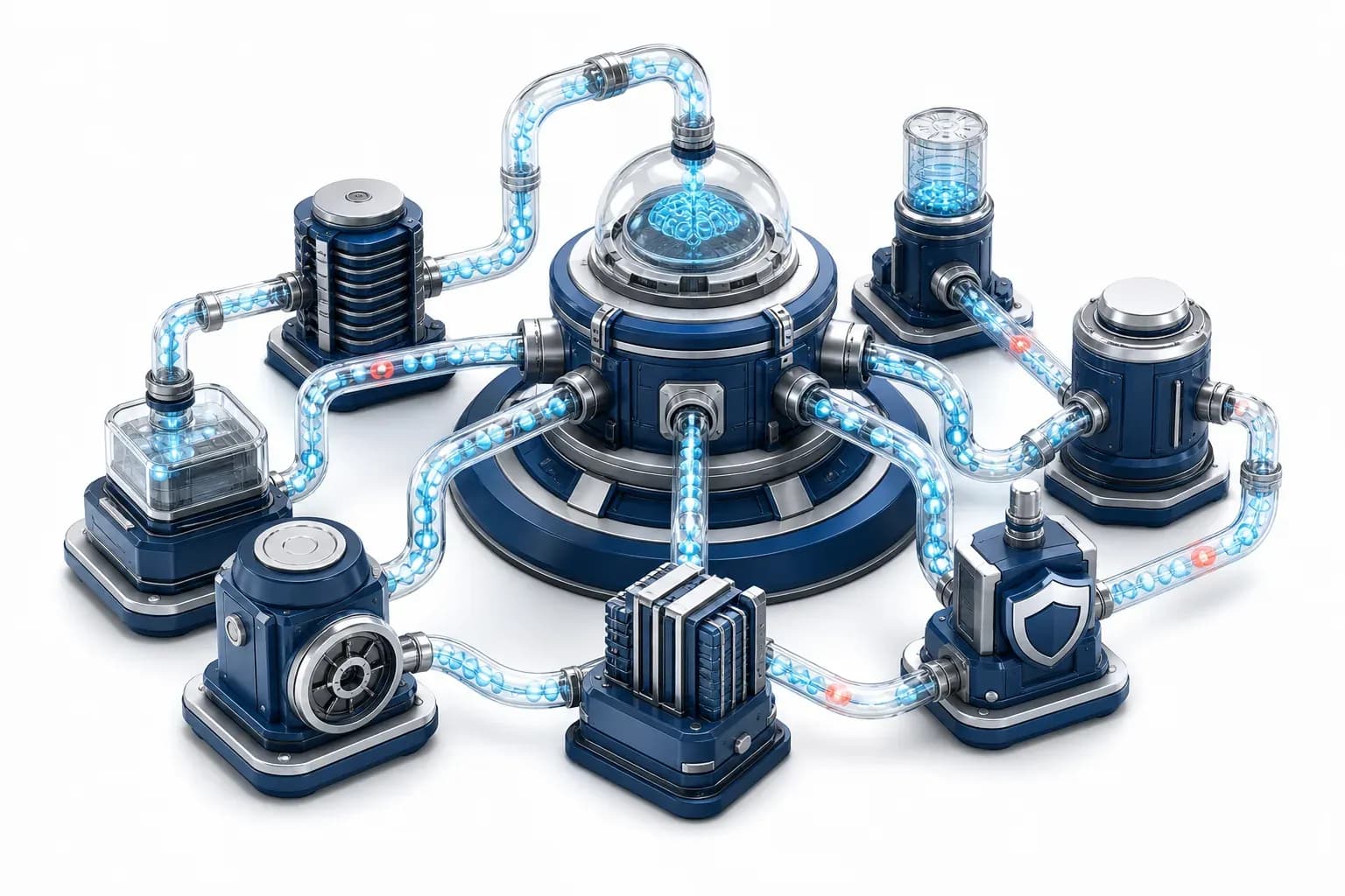 Floating servers and cyan data tubes exposing multi-vendor cybersecurity breaches.