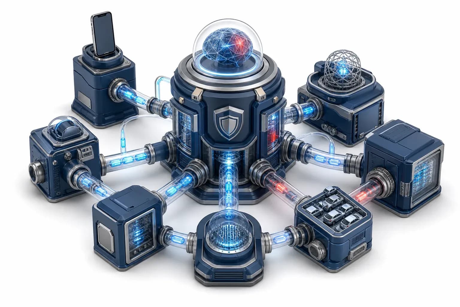 Isometric cyber nodes exposing modem flaws and AI malware threats.