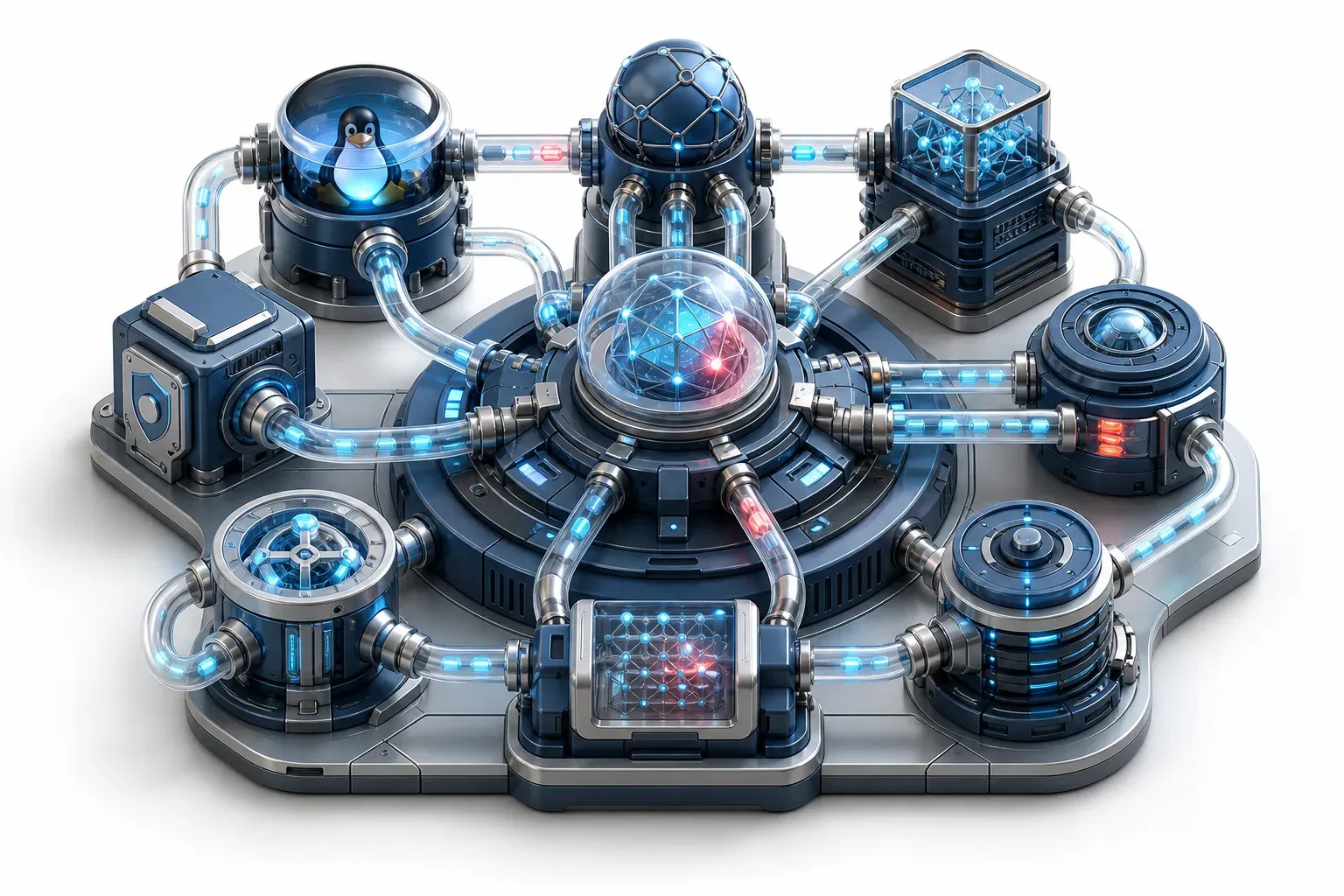 Isometric cyan data tubes exposing Linux container escape vulnerabilities.