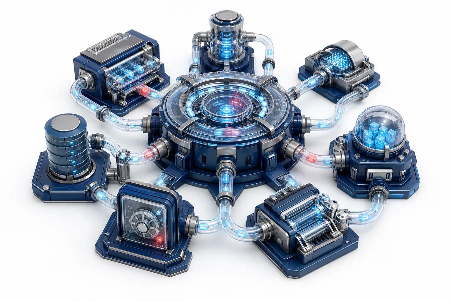 Floating servers and cyan data tubes exposing cybersecurity zero-days.