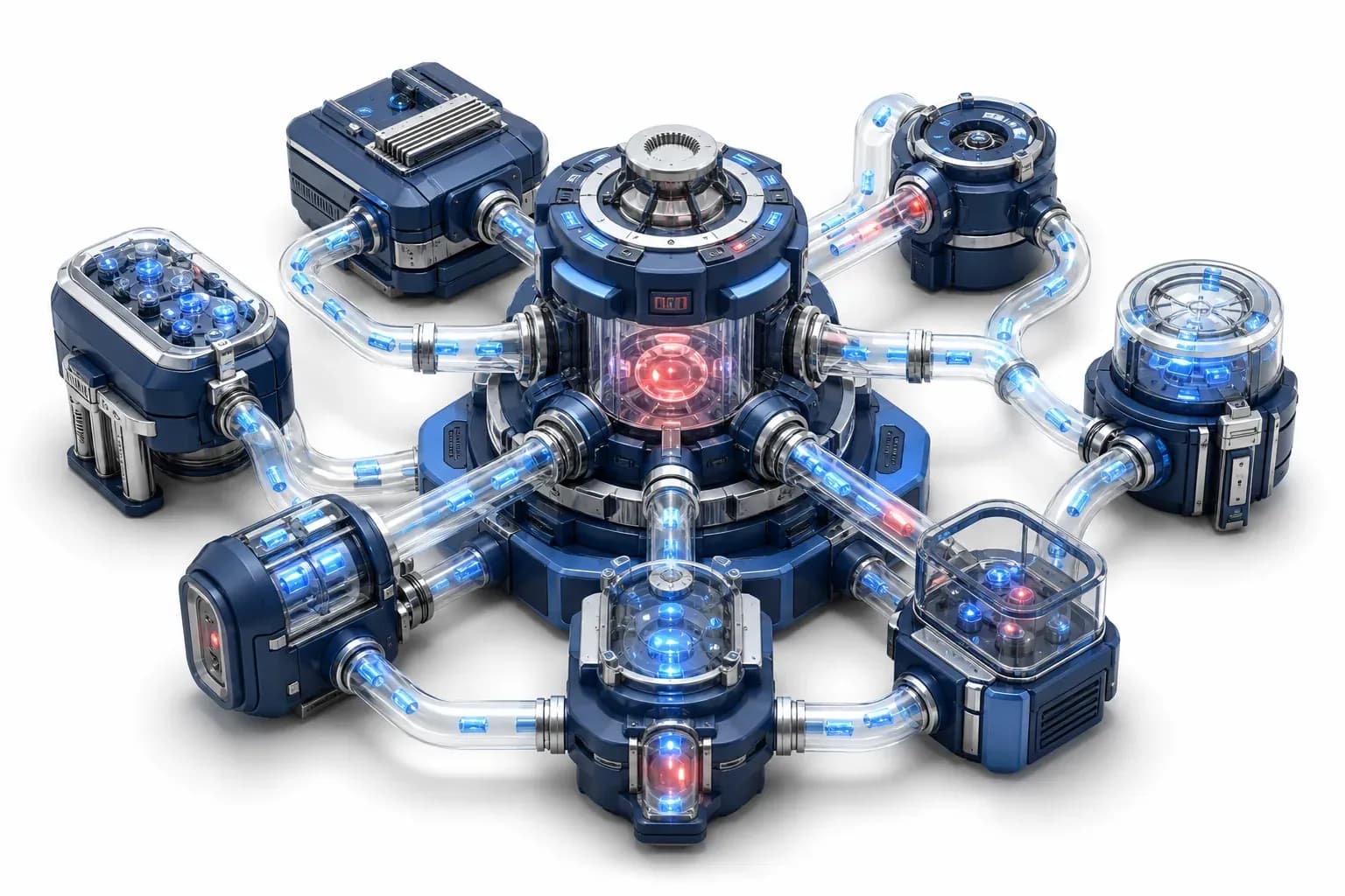 Floating servers breached by glowing cyan threats in cyber diorama.