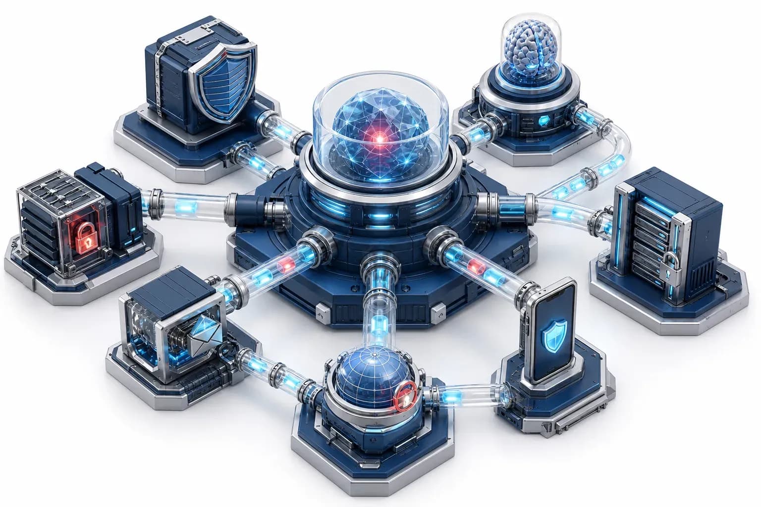 Floating servers breached by glowing cyan exploits in cyber diorama.