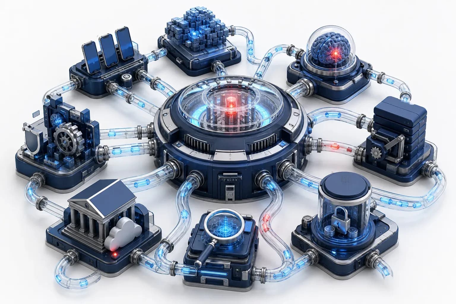 Isometric cyber nodes exposing multi-vector cybersecurity breaches.