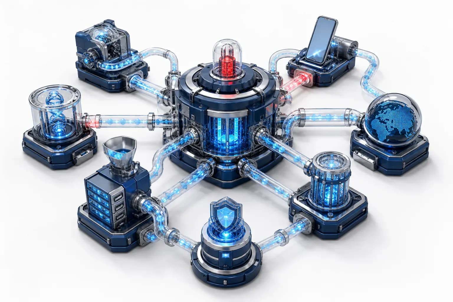 Isometric cyber nodes exposing Linux exploits and ransomware threats.