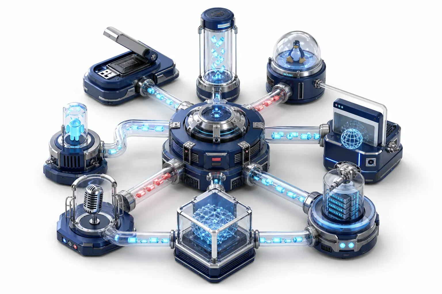 Isometric cyber nodes exposing hardware wallet and supply chain breaches.