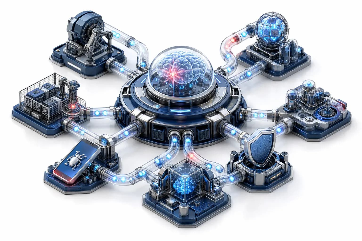 Isometric cyan data tubes linking chained Ivanti zero-day exploits.