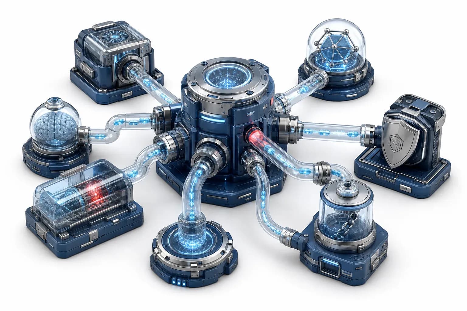 Floating servers and cyan data tubes exposing AI-powered cyber exploits.