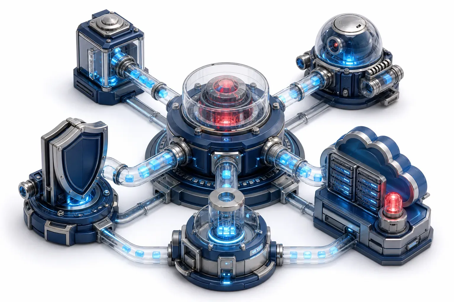 Isometric cyan data tubes exposing malware in npm and Drupal vulnerabilities.