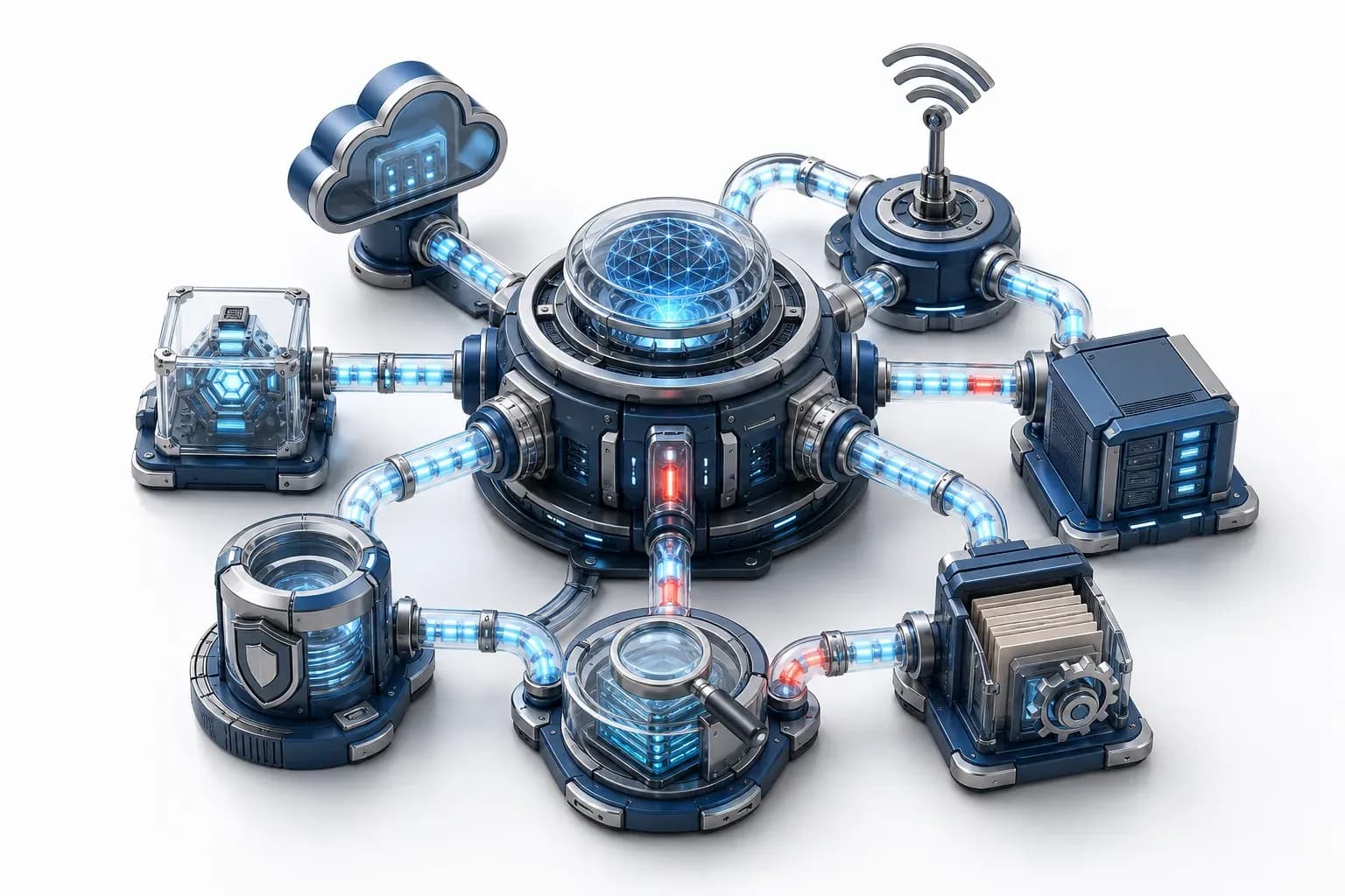 Floating servers breached by glowing cyan exploit chains.