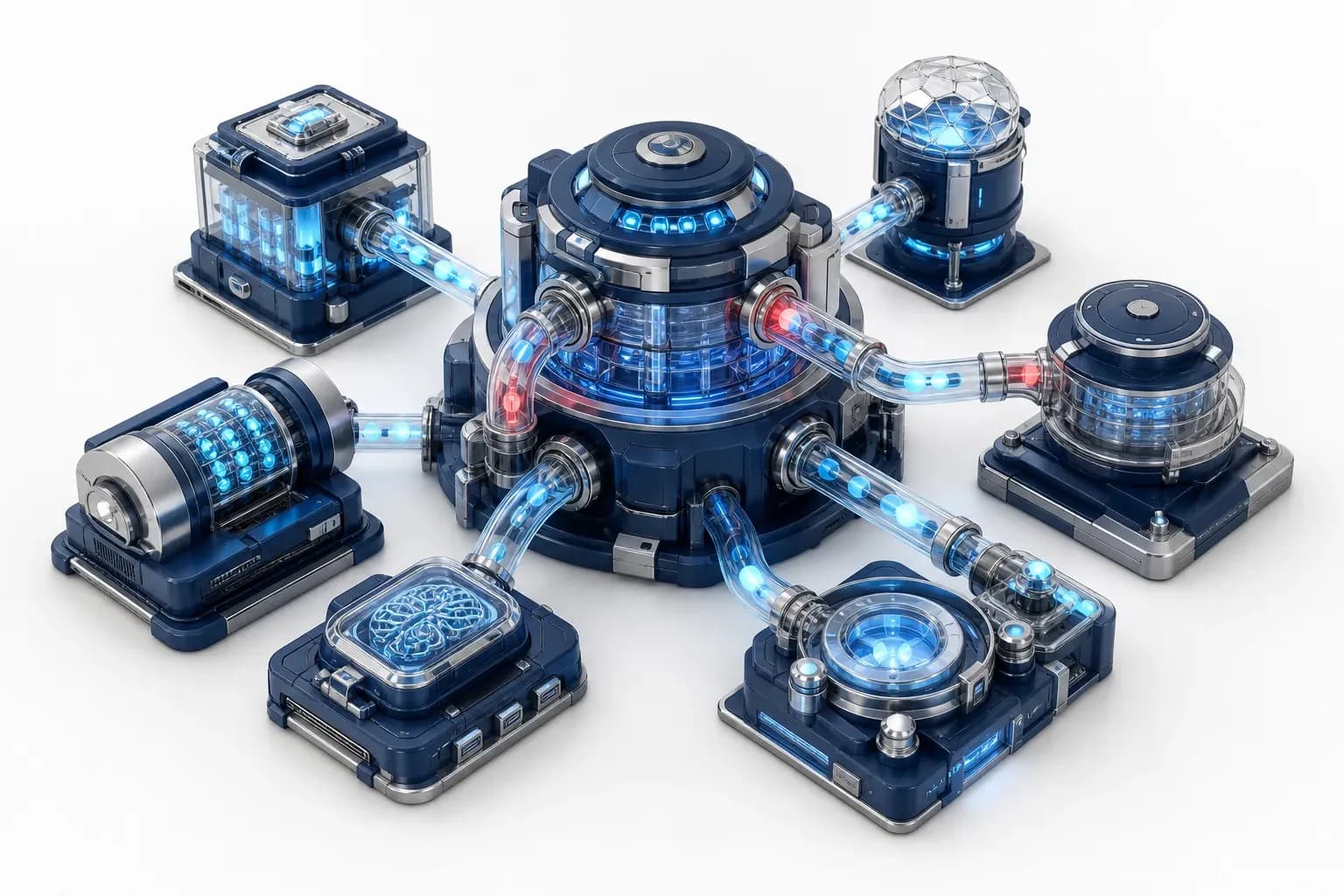 Floating servers breached by glowing cyan data flows.