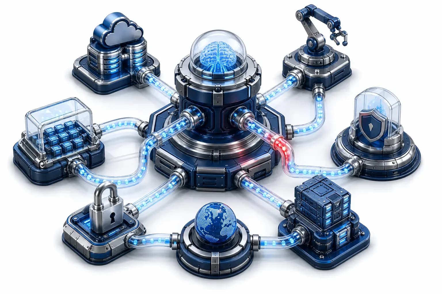 Floating servers breached by glowing cyan cyber threats.