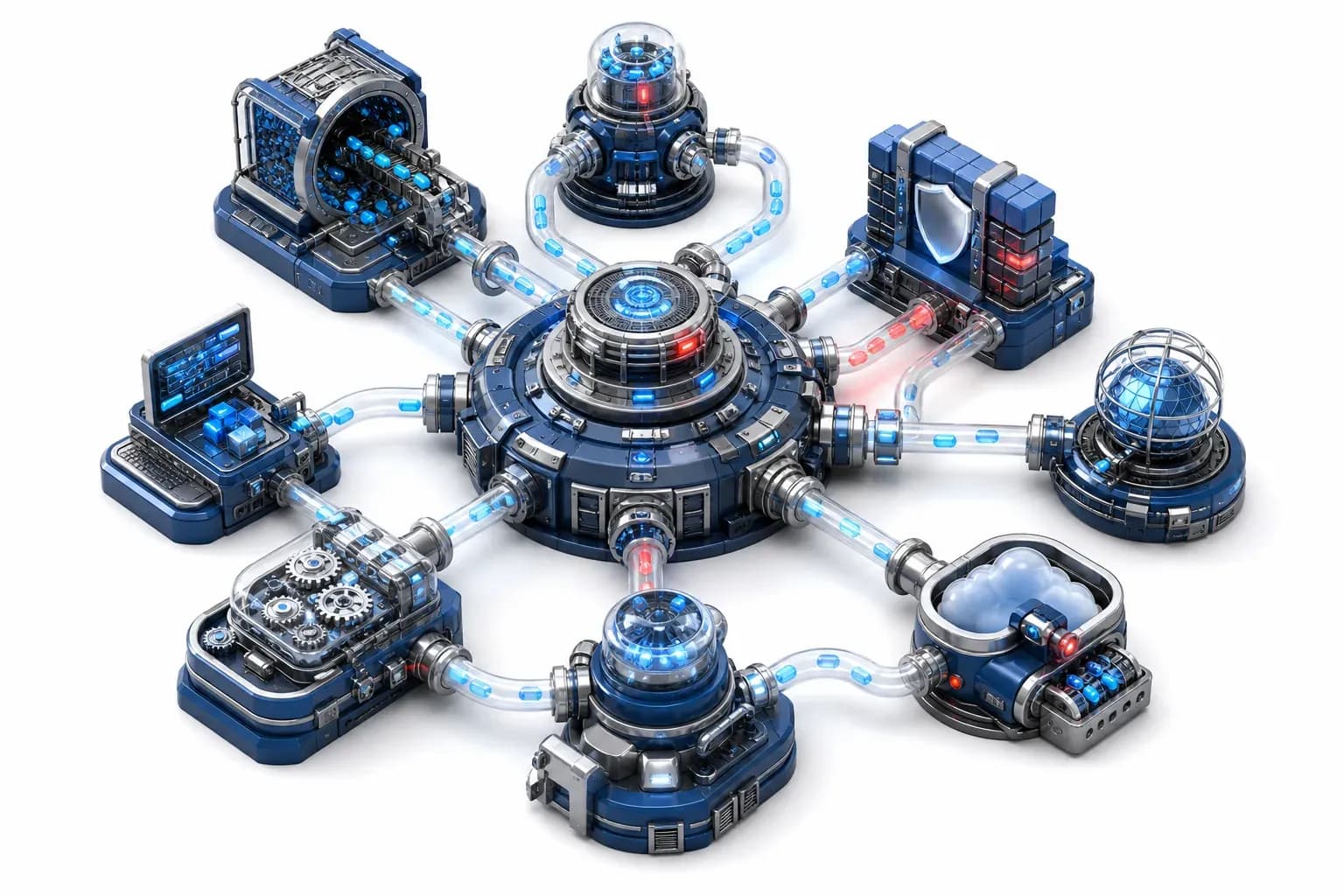Floating servers breached by glowing cyan data streams in cyber heist.