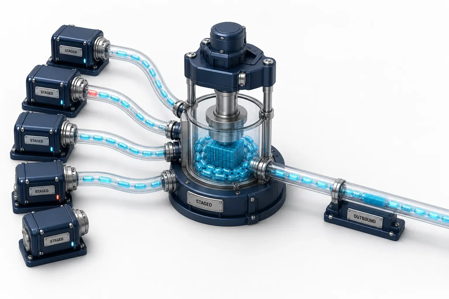 Several source blocks feeding one collection vessel where the contents are pressed into a single block, with one plain tube leaving.