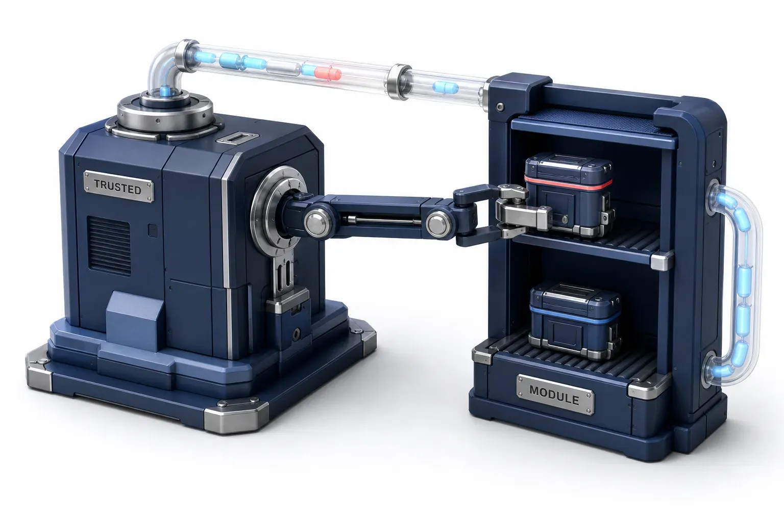 Loading arm on a trusted machine closing on the nearest planted module cartridge.