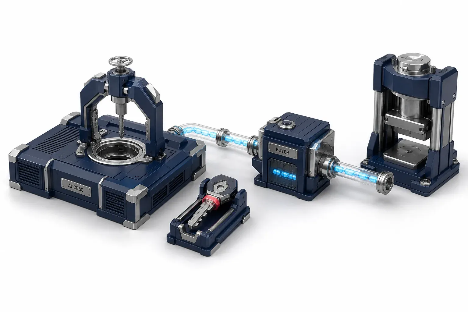 A survey rig measuring an entry port cuts a key that rests in a handover cradle between it and a separate buyer module, with an extraction press waiting further along.