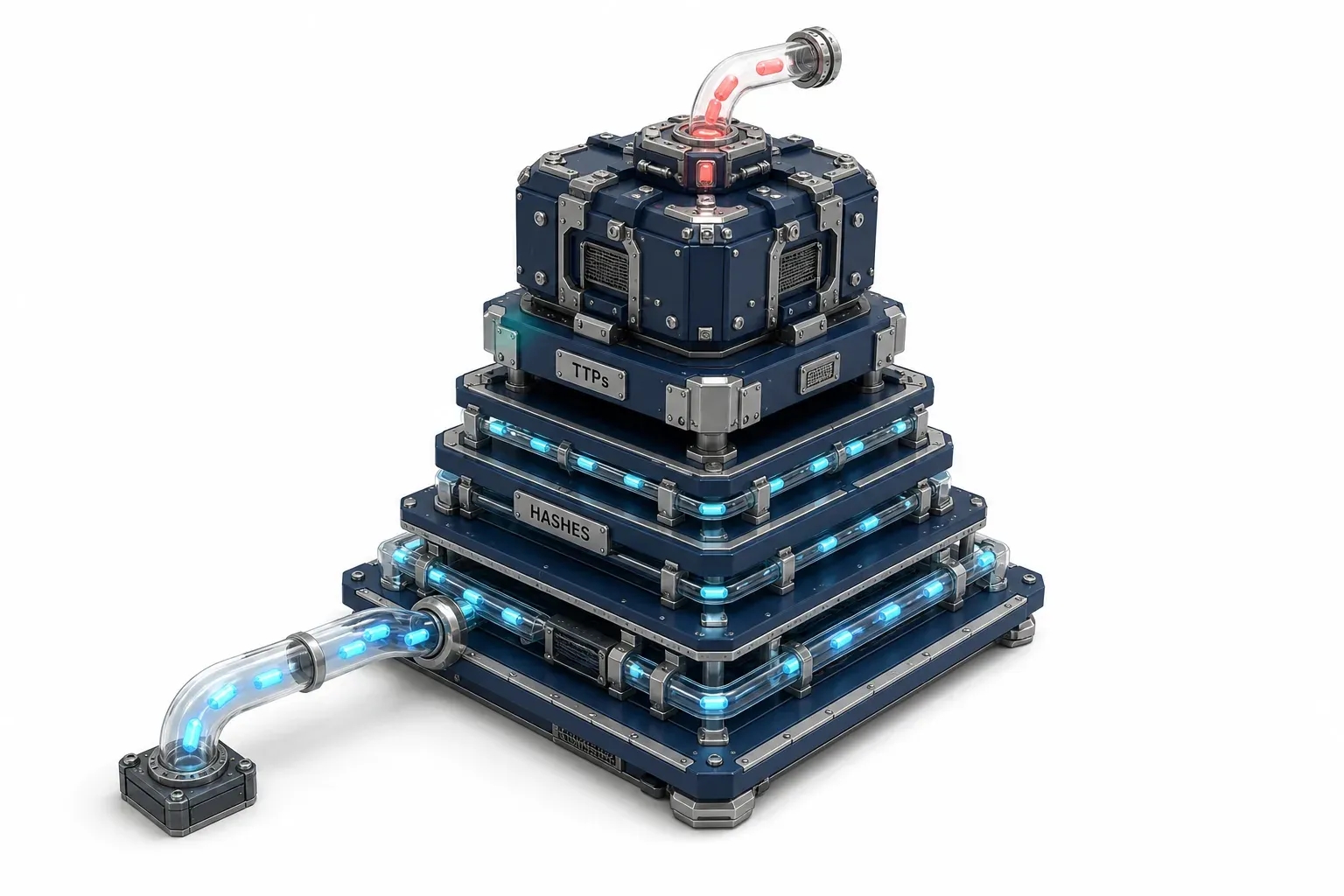 Six-tier machined stack, lightly built at the base and heavily armoured at the summit.
