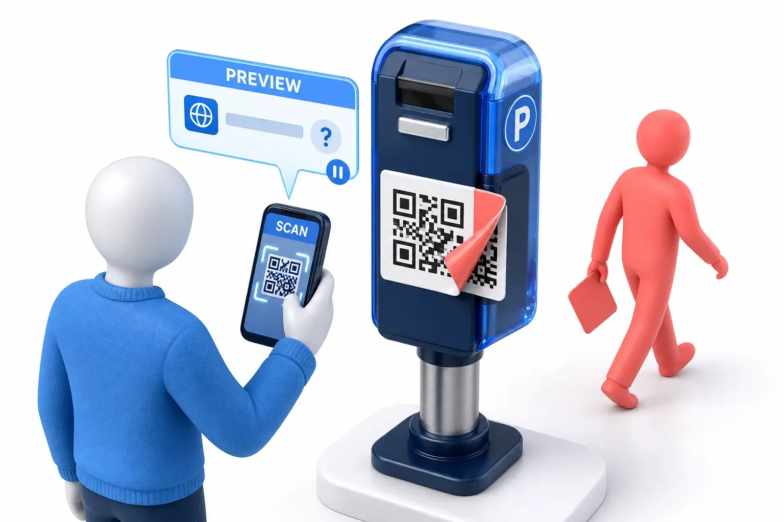 A person scans a sticker pasted over a real code on a parking meter and the phone shows the link before anything opens.