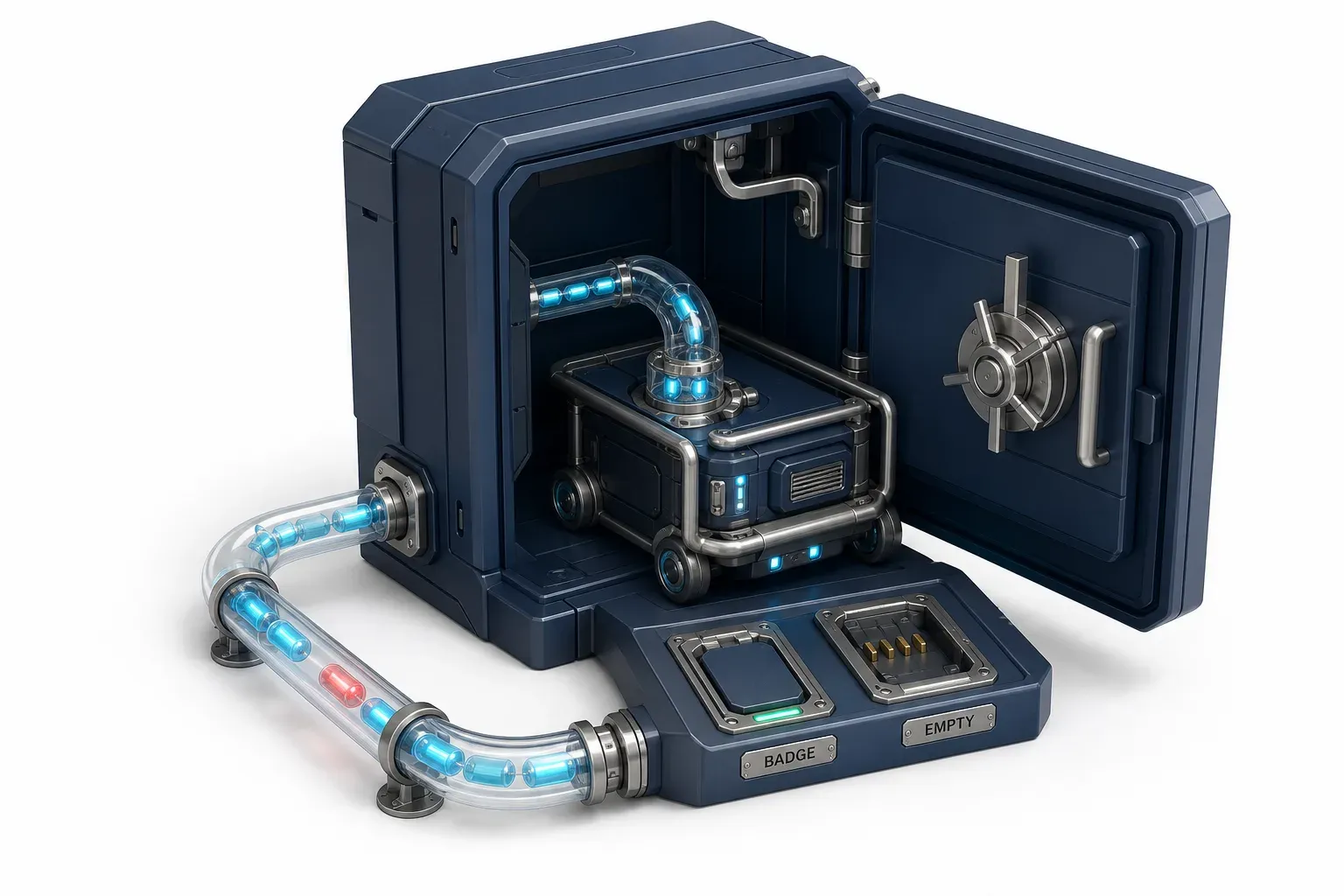A service rig passing through a hatch held open from inside, its badge seated in a satisfied reader beside a second reader slot standing empty.