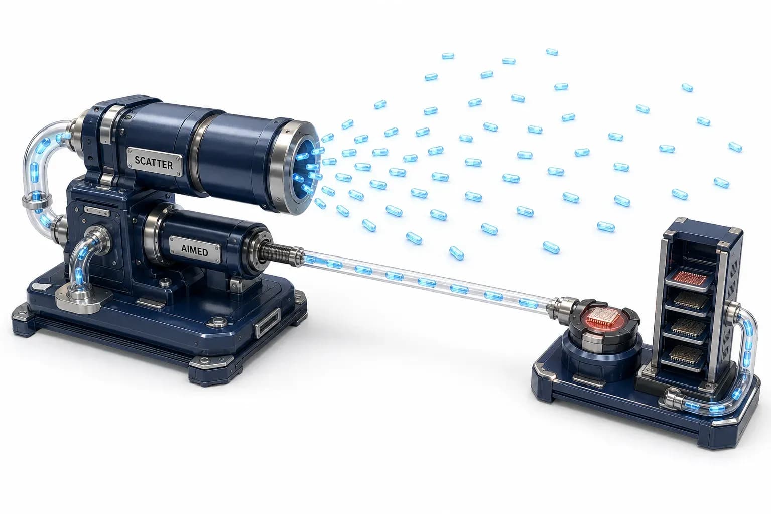 A wide barrel scattering identical blank capsules across open ground beside a narrow rifled barrel aimed down one tube at a single socket, its carrier holding a plate taken from the target own rack.