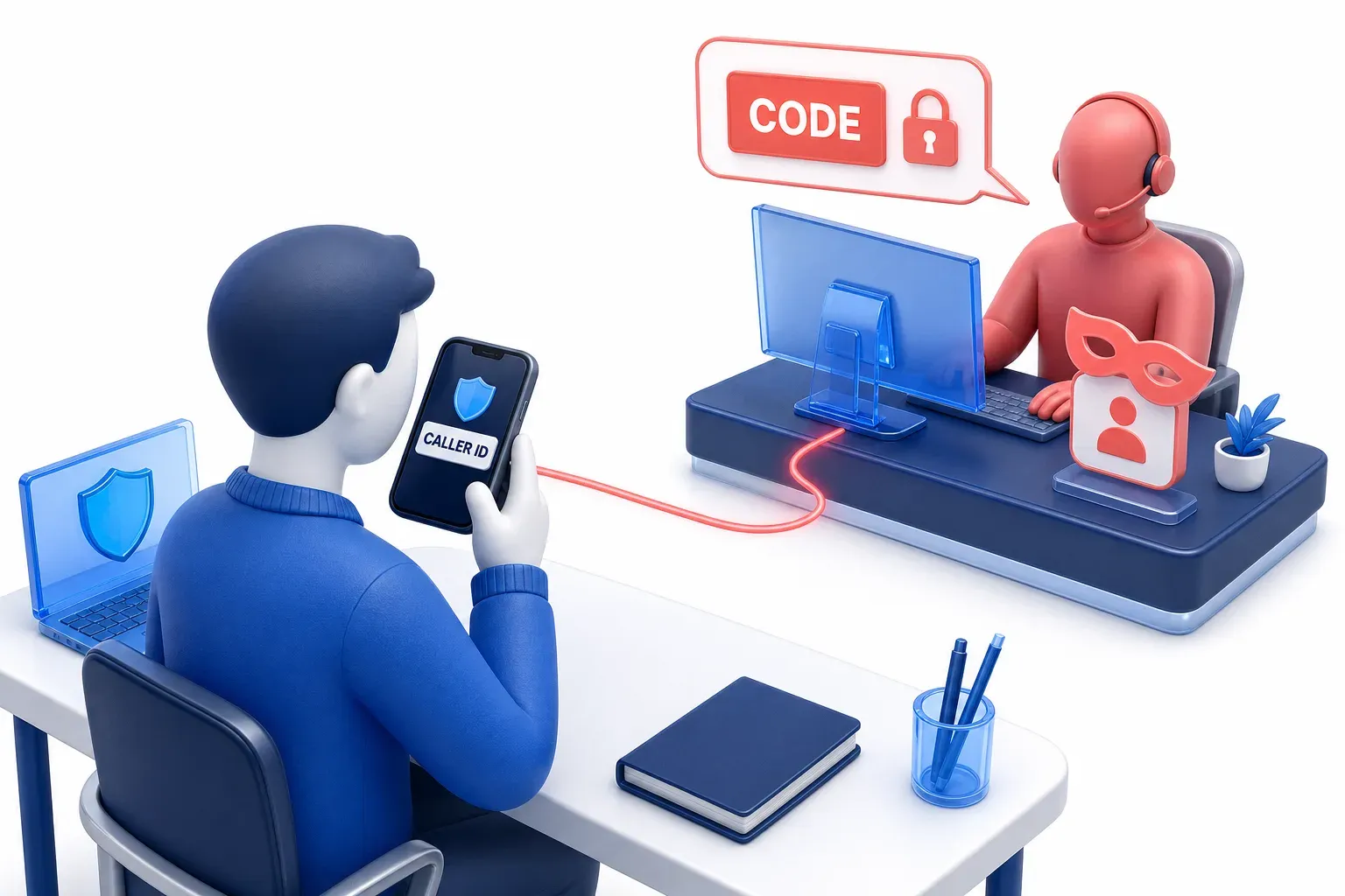 A person takes a phone call from a trusted-looking name while a masked caller asks for a one-time code.