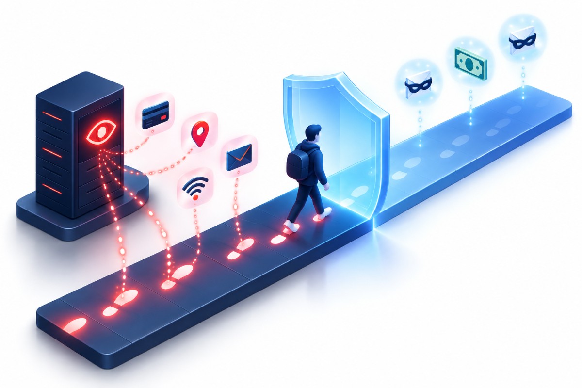 A person's data trail leaking to trackers until they step behind a privacy shield