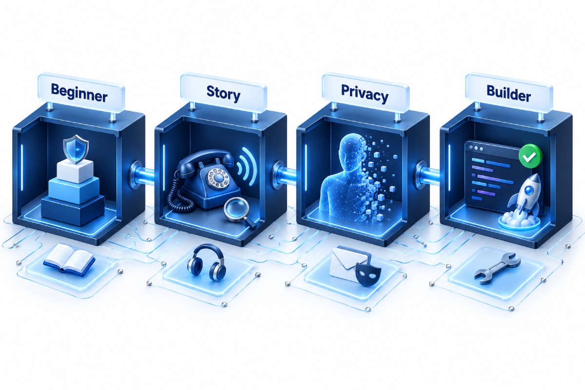 Four modules comparing the recommended books: beginner, story, privacy, builder