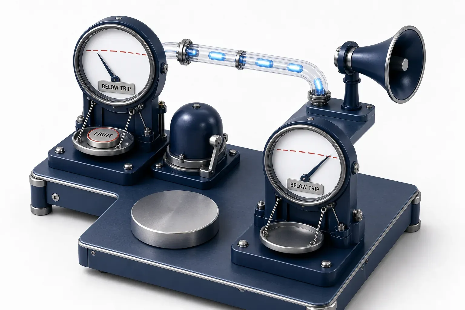 An alarm balance holding one very light disc with the needle below the marked trip line and the bell silent, beside a much heavier unused disc.