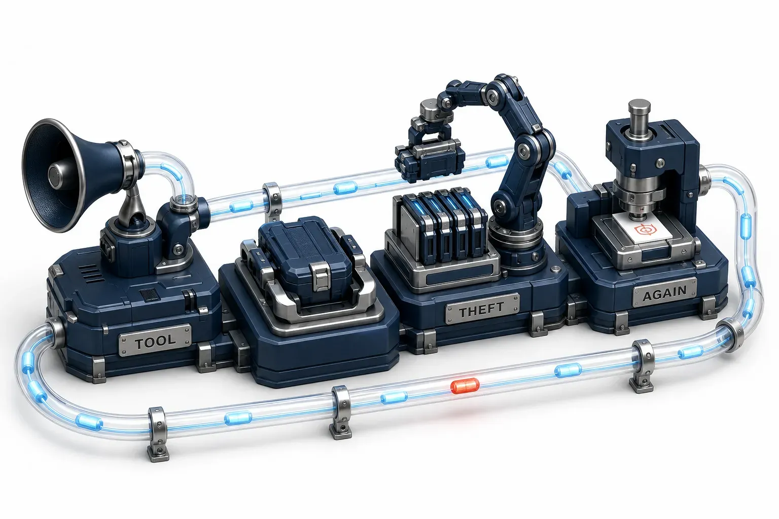 Four stations on one tube: an outbound horn, a newly seated tool cradle, an arm lifting sealed cartridges onto a carrier, and a press stamping a demand slip, with a second horn line curving back.