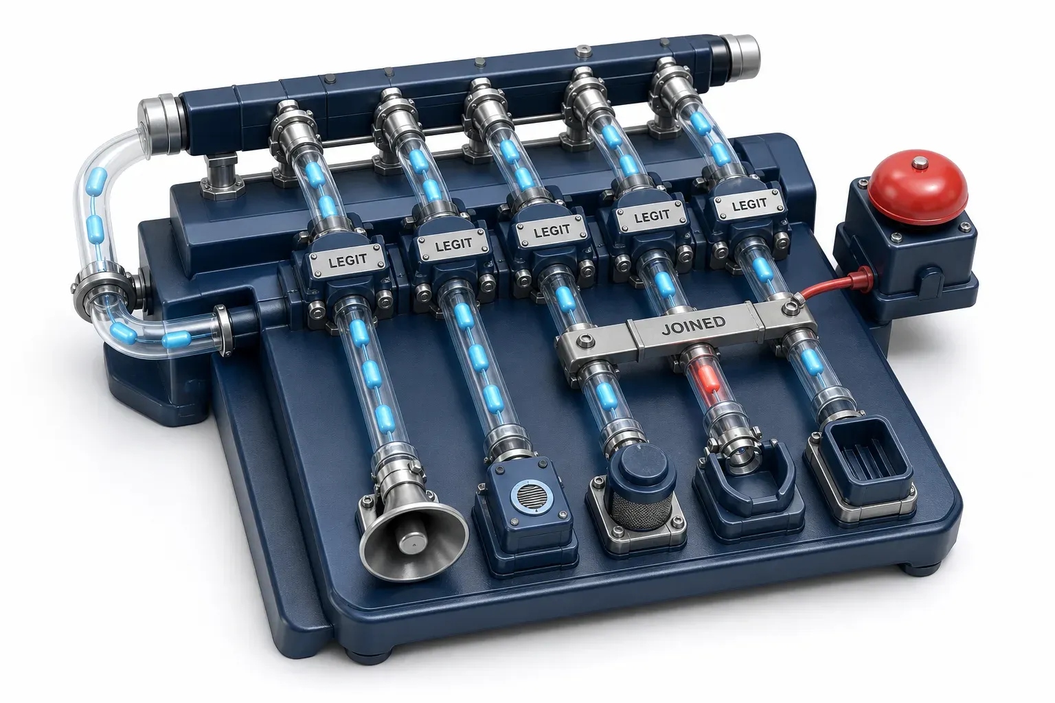 Five indicator collars over lanes carrying properly stamped parts, with one joining bracket bolted across the outbound horn lane and the tool cradle lane, wired to a single alarm.