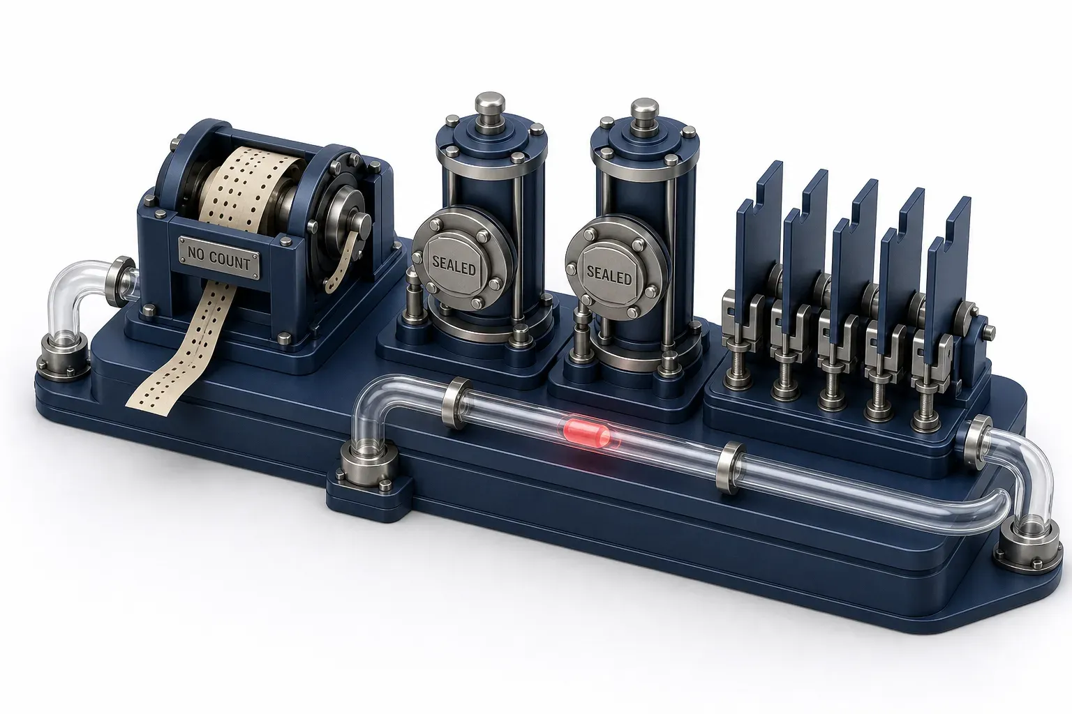 A counting drum with its ribbon come loose, two sealed cylinders bolted shut, and a rack of indicator plates each notched only half way so none seats fully.