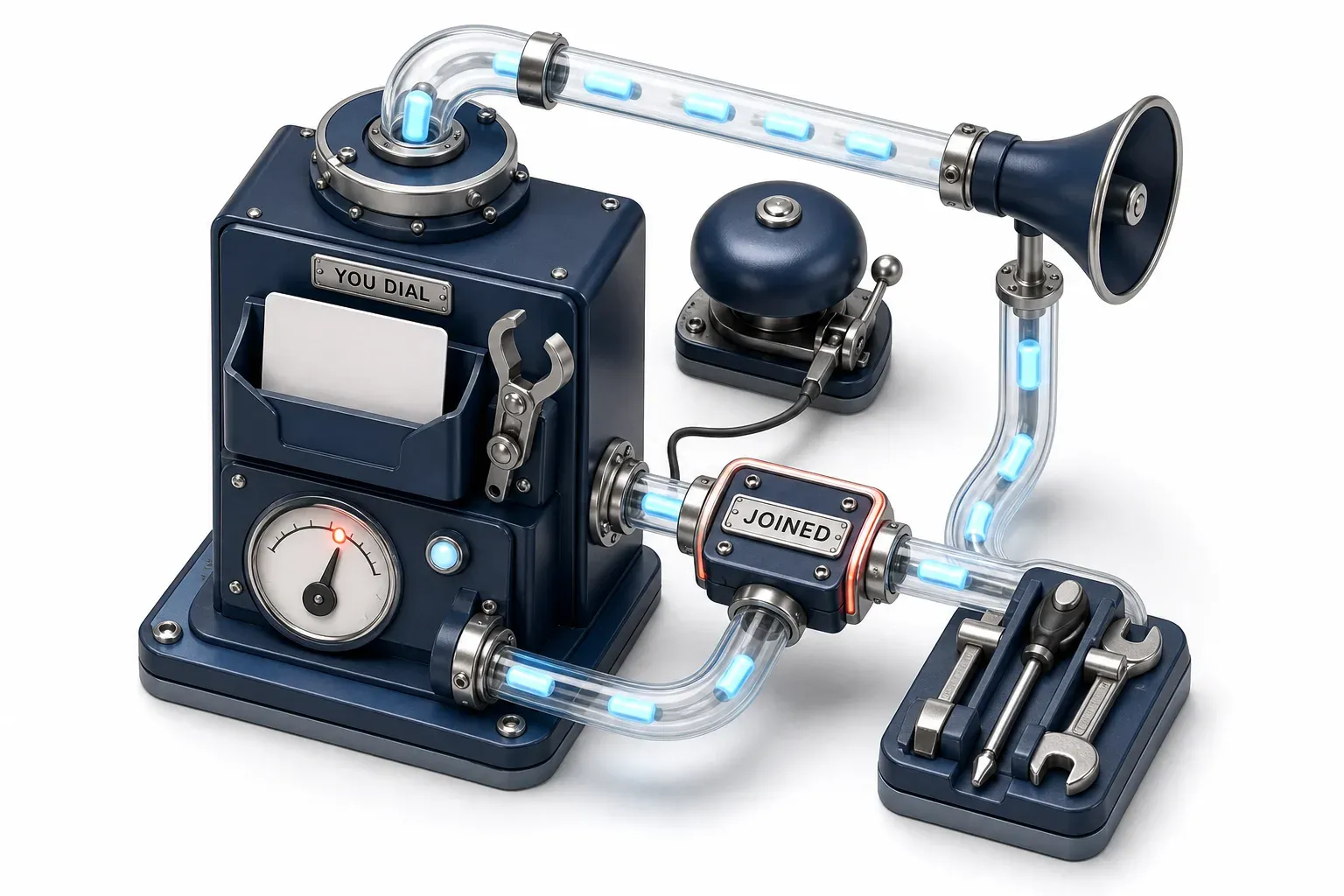 A summary block: a number plate with the link clamp empty, a light disc under the alarm trip line, an outbound horn line returning a tool cradle, and a joining bracket wired to one bell.