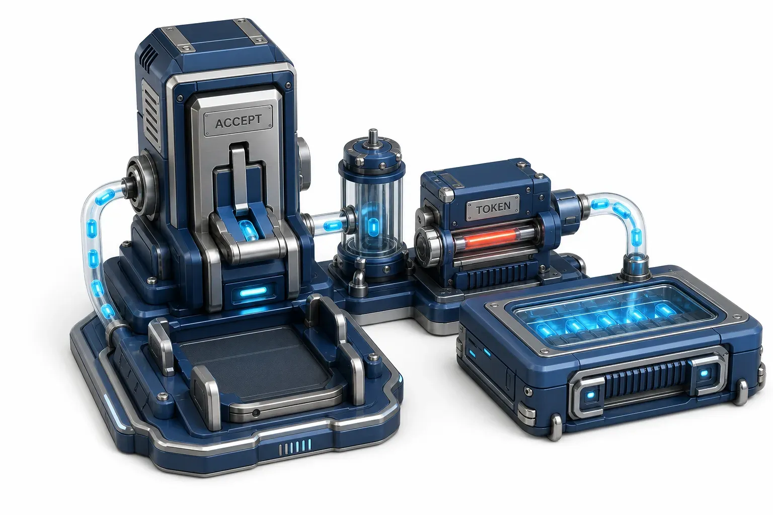 An approval terminal with an empty operator cradle, its accepted capsule exchanged for a token bar that keeps a separate module drawing data.