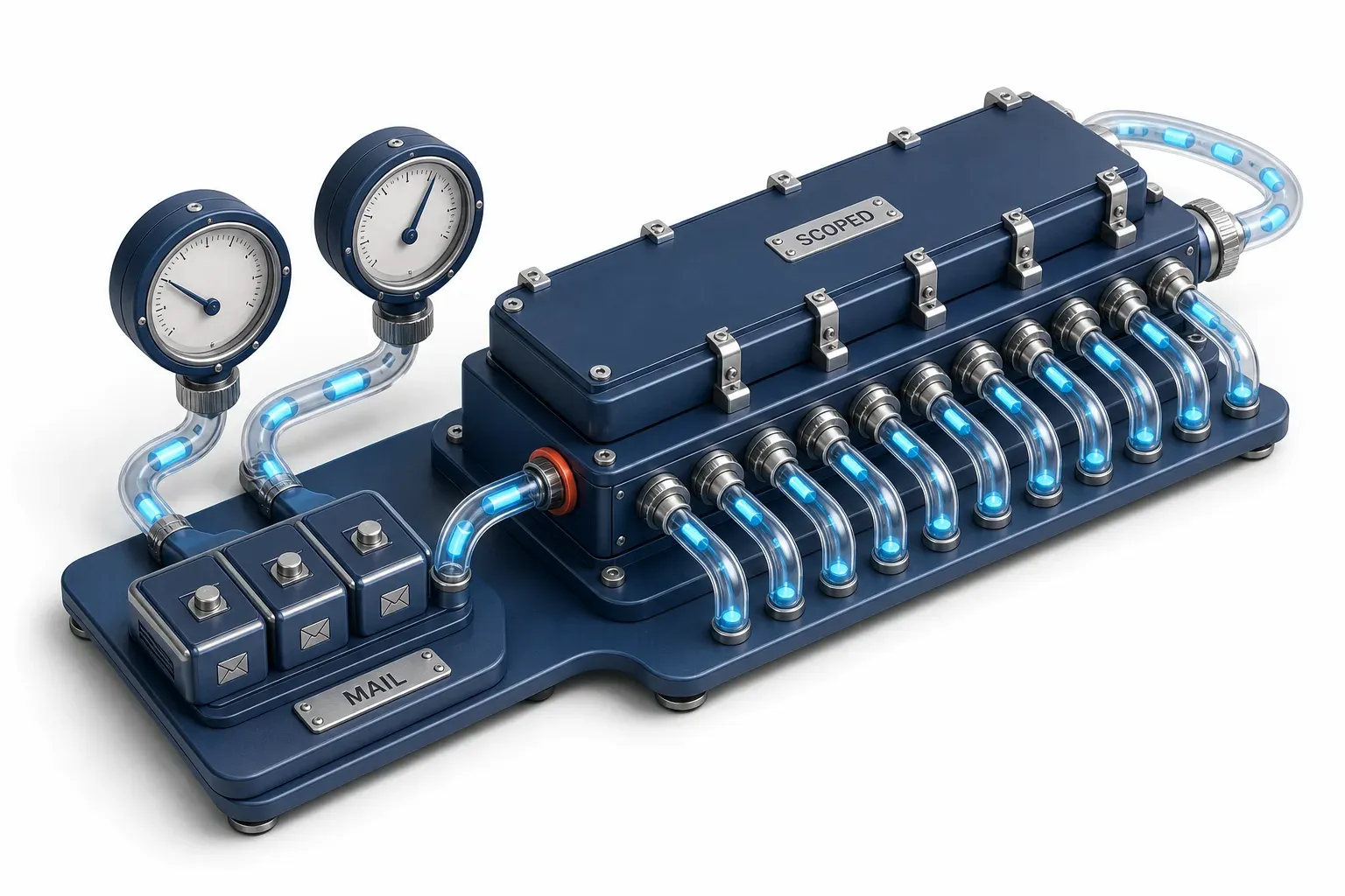 A manifold with most ports sealed under one cover, a single open port feeding three mail-client modules, and two identical dials reading differently.