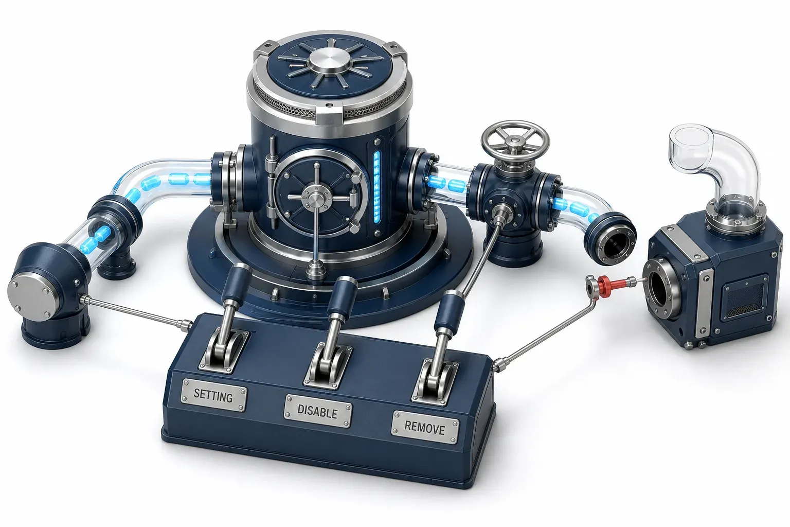 Three levers on one console: one reaching a capped port outside the flow, one closing an inlet while capsules run on past it, one pulling a coupling pin clear.