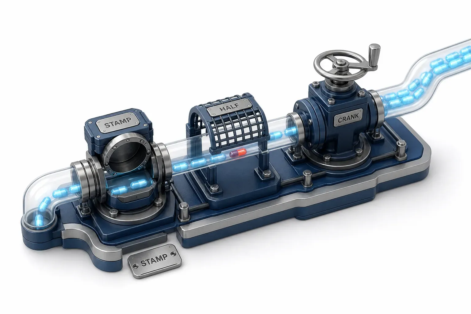 Three guard fittings on one trunk, each beside its own defeat: a lifted stamp plate, a cage covering half the bore, and a hand-cranked valve with a queue behind it.