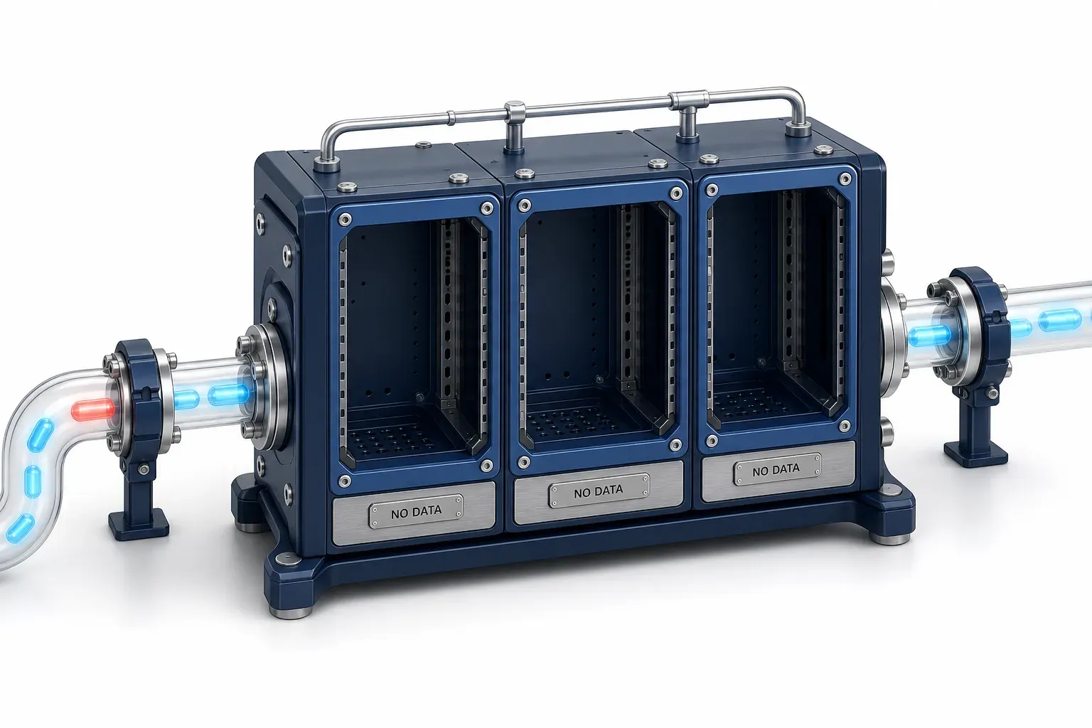 A measurement rack whose three instrument bays are all empty, with one tube passing straight through unmeasured.