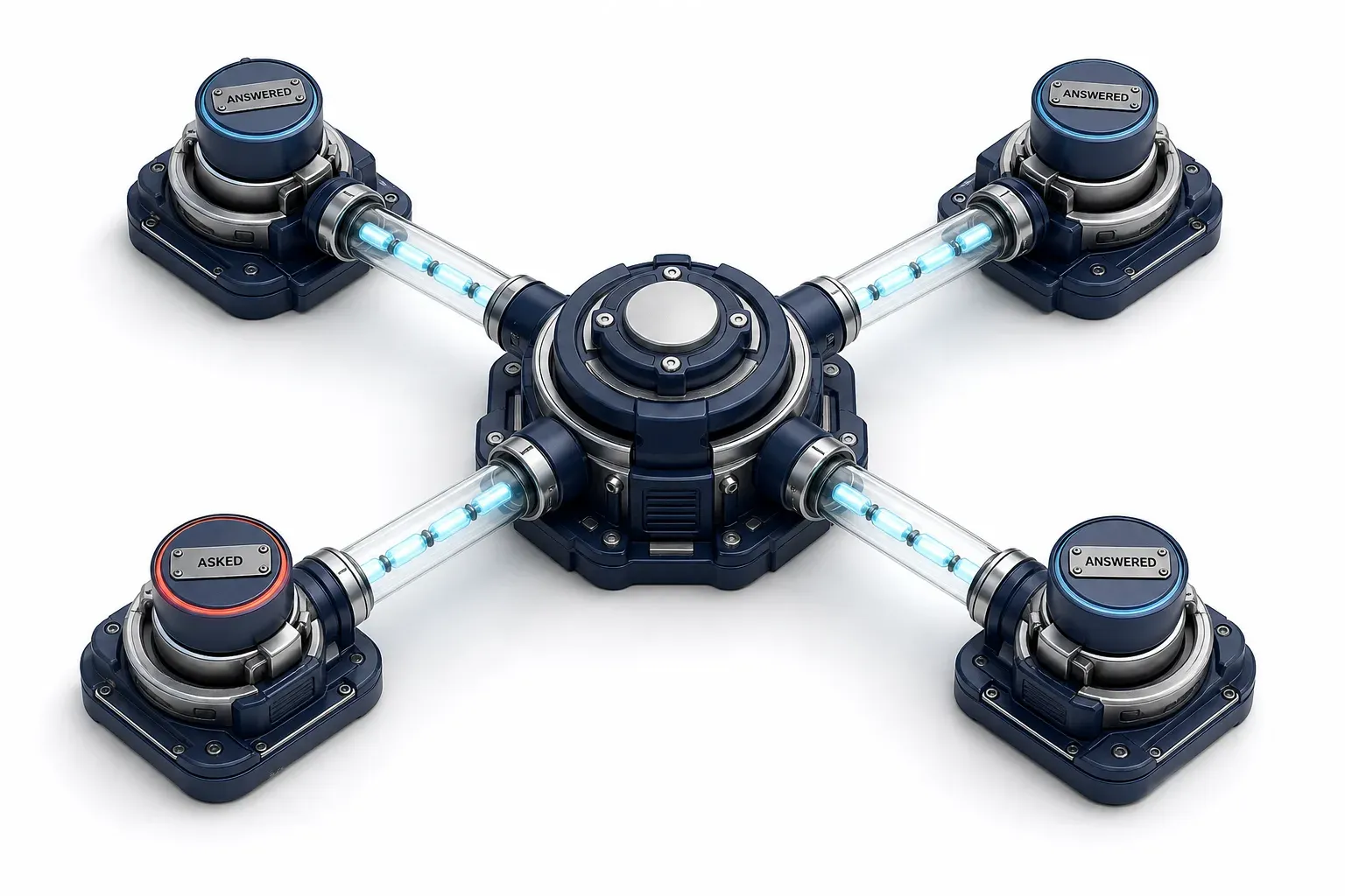 A hub with four arms, each ending in a socket with its matching plug seated in it.
