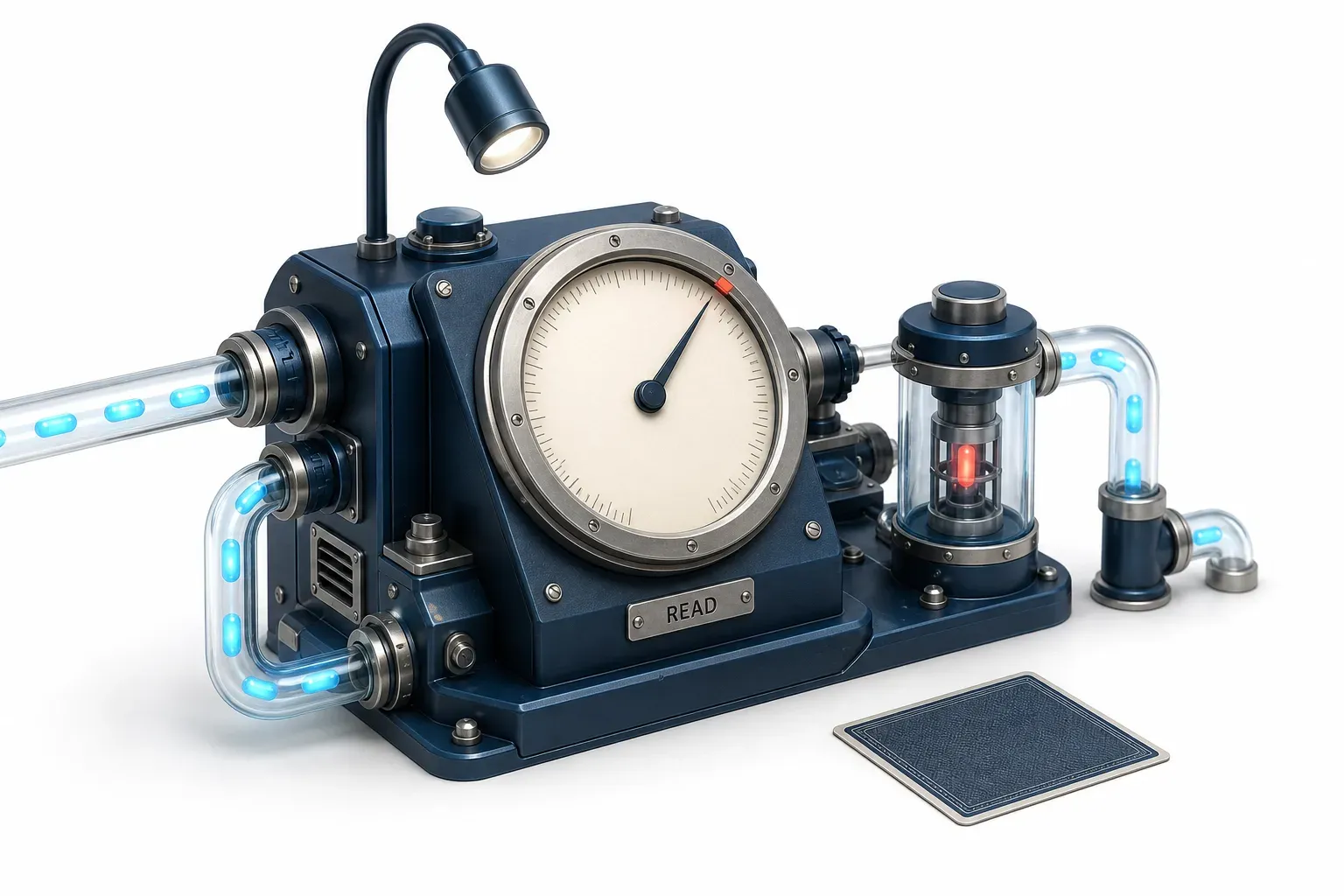 A machine with one large lit dial being read directly, while a printed reference card lies face-down beside it.