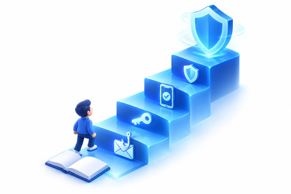 Beginner climbing a staircase of security basics, from phishing to MFA