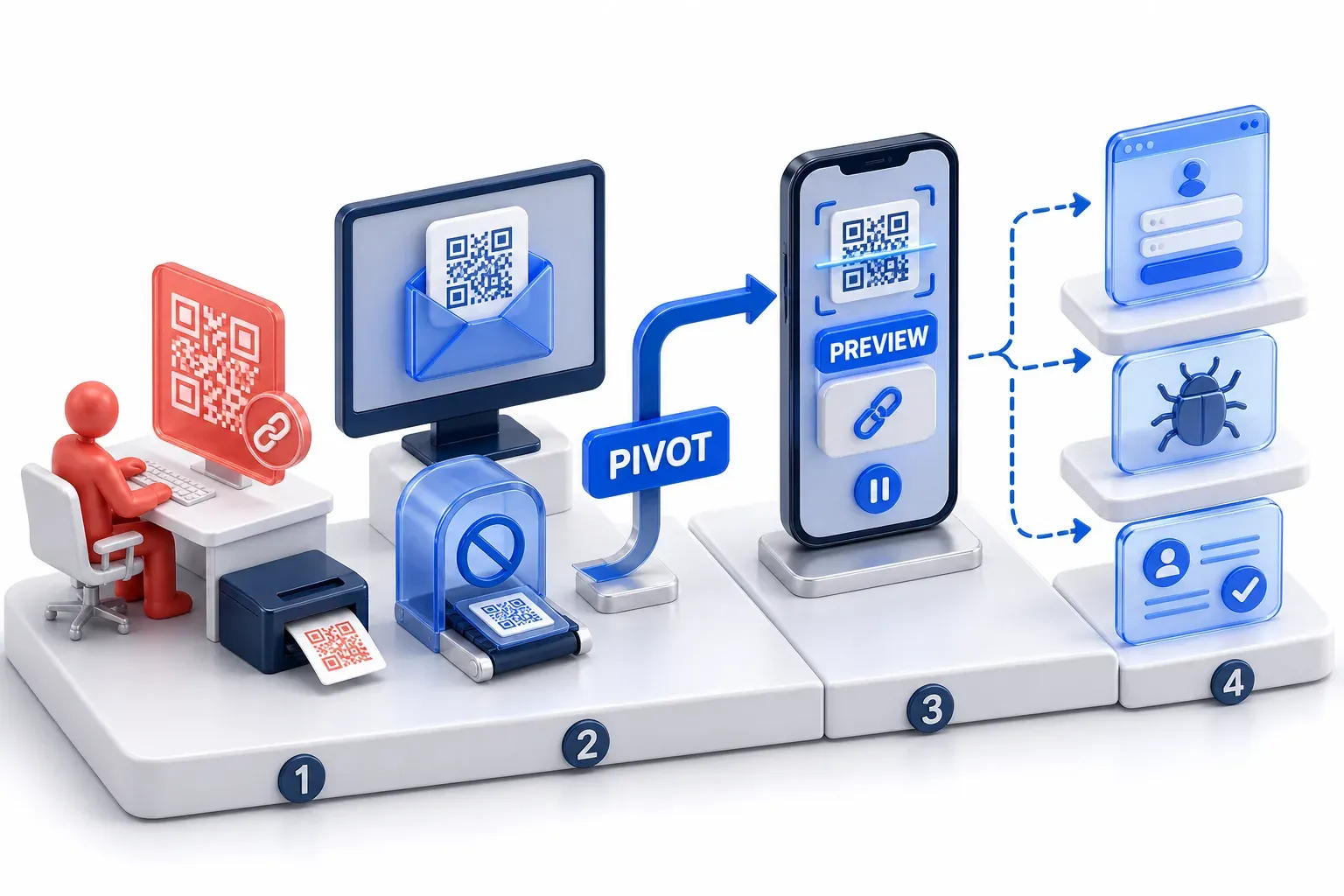 A hidden-link code in an email skips the link scan, moves the victim from desktop to phone and leads to a fake page, malware or a sign-in request.
