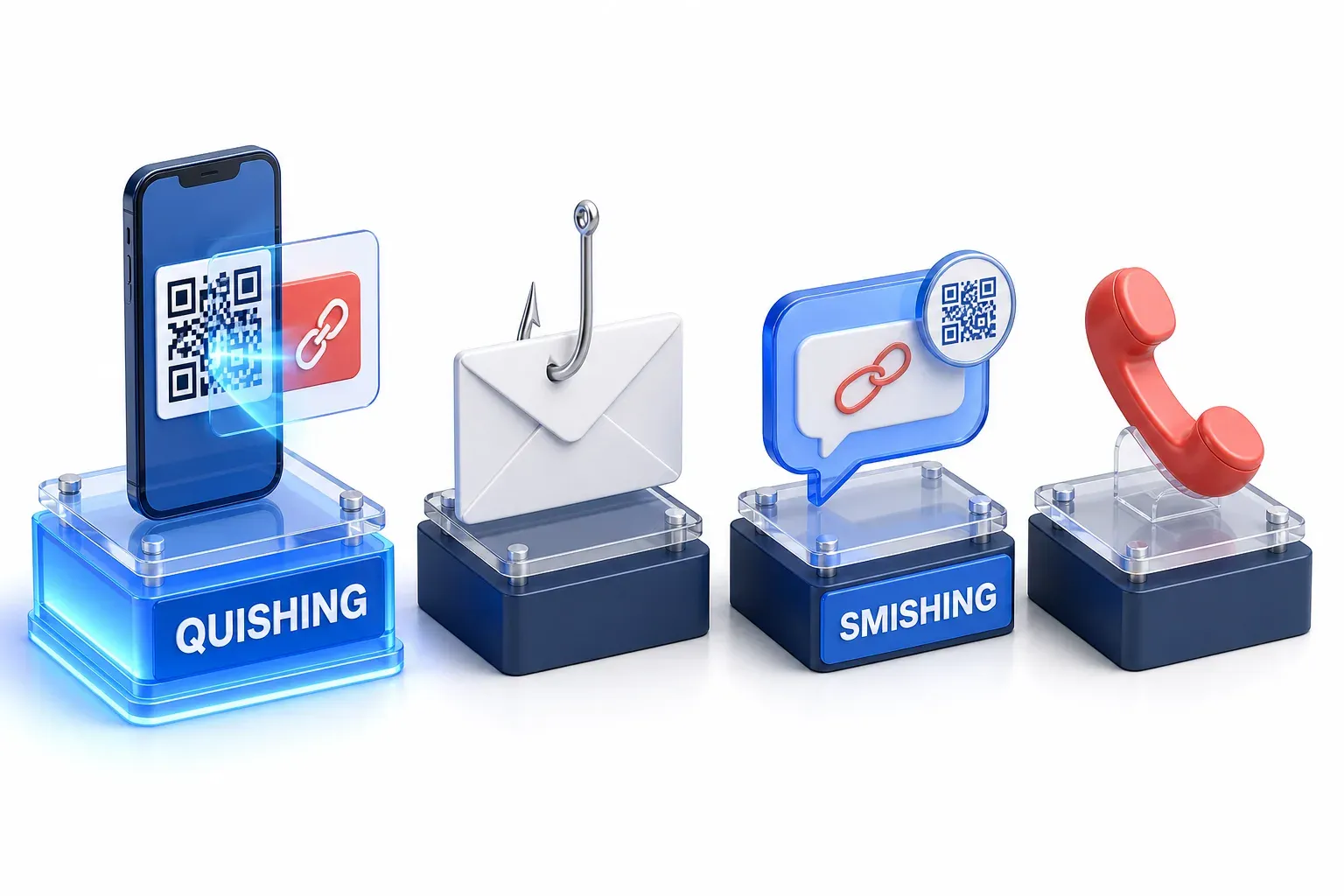 Four small scenes compared: quishing, phishing, smishing and vishing.