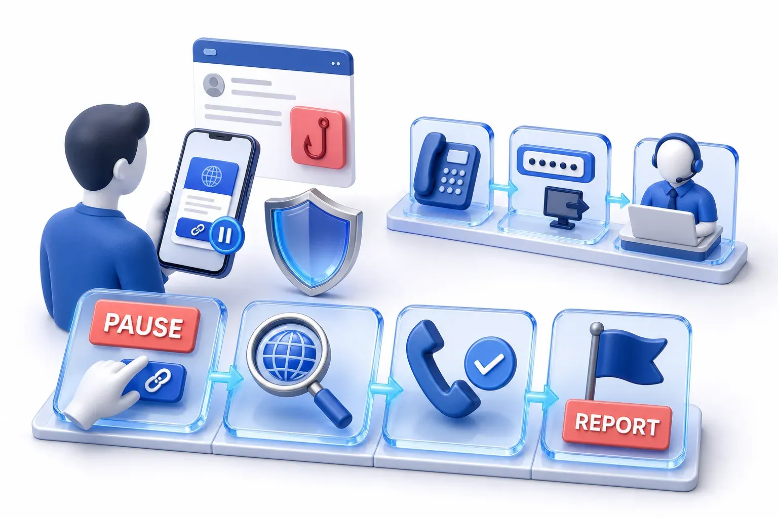 A person pauses at a link preview with tiles for checking the domain, calling the official number and reporting, plus recovery steps behind.